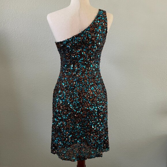 Scala Vintage One Shoulder Blue Bronze Embellished Sequin Mini Dress | Medium - Picture 4 of 11